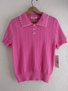 Nanette Lepore Pink Pearl-Collar Knit Polo Tee